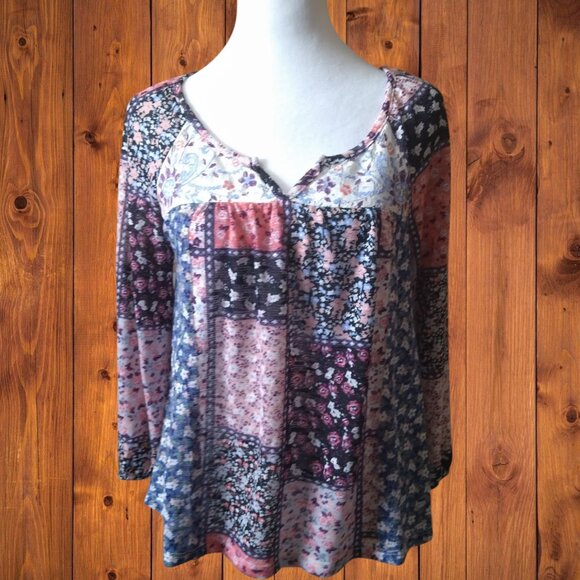 RUE 21 WOMEN'S SMALL 3/4 SLEEVE FLORAL BLOUSE PULLOVER BOHO CROCHET PATCHWORK - Picture 1 of 6